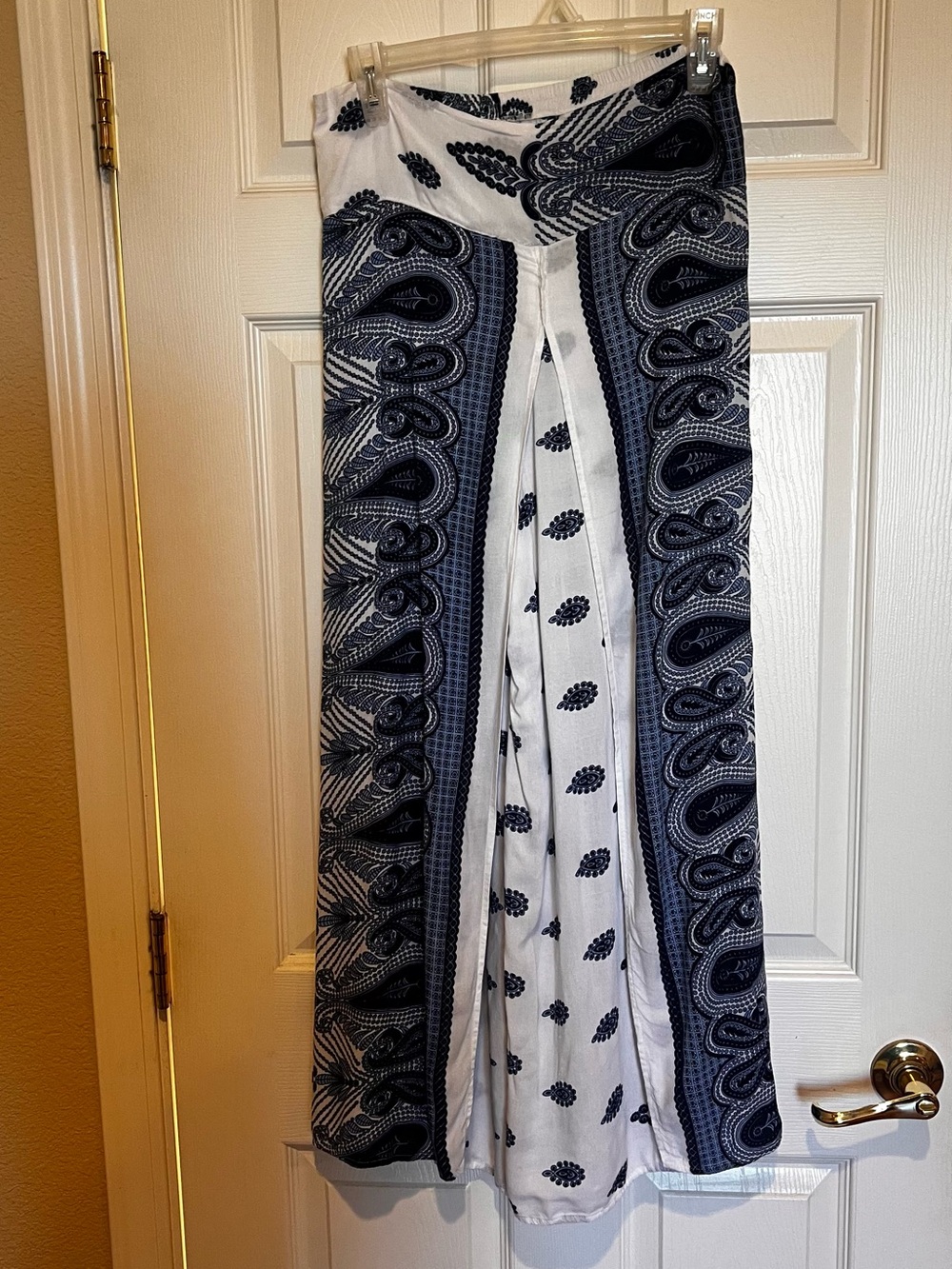 White & Navy Boho Print Open Wrap Palazzo Style Pants